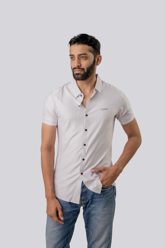 Seamless White Striped Half Sleeve Shirt For Men